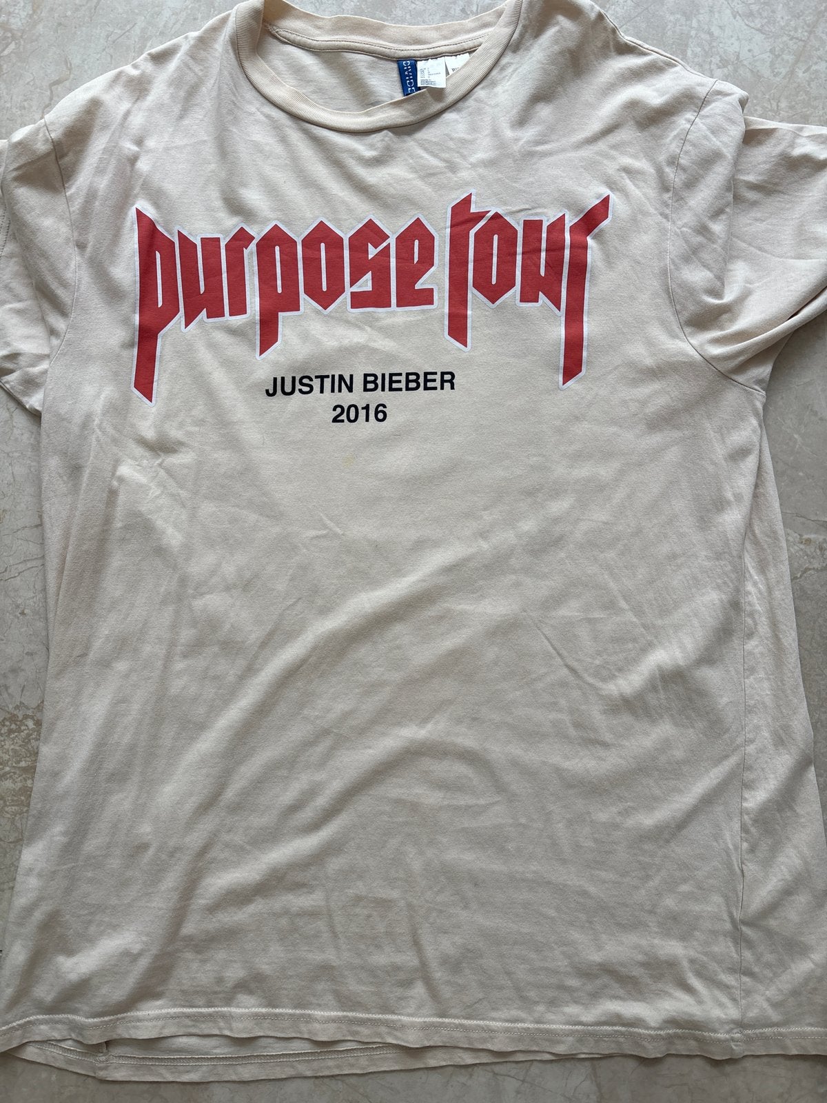 Justin Bieber Purpose Tour T-shirt 2016, Beige, Maat 42/44 (L), Ophalen of Verzenden, Korte mouw