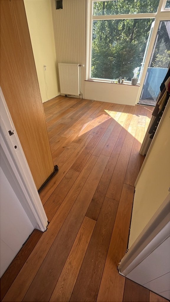 Massief houten eiken vloer - +/- 5 m2, Ophalen, Gebruikt, 50 tot 150 cm, 10 tot 30 cm