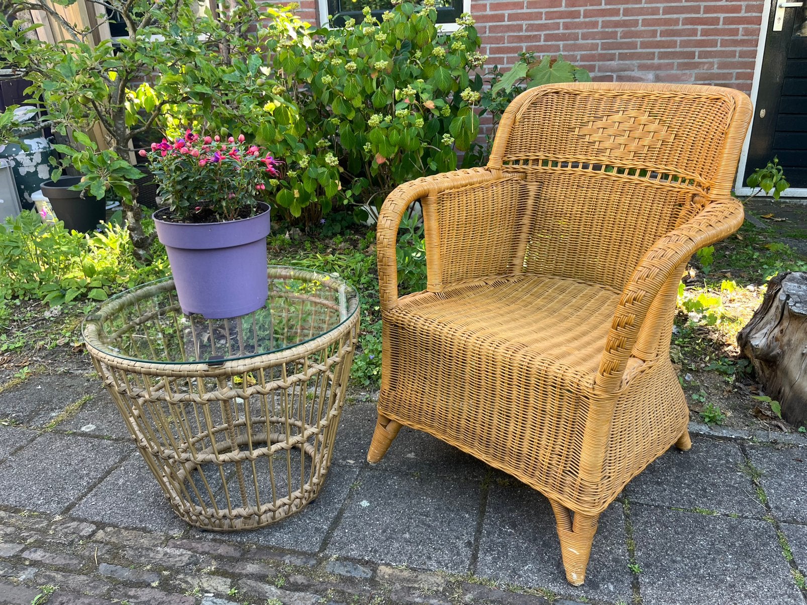 Vintage rotan tuinsetje stoel tafel riet pitriet, Ophalen, Zo goed als nieuw, Rotan