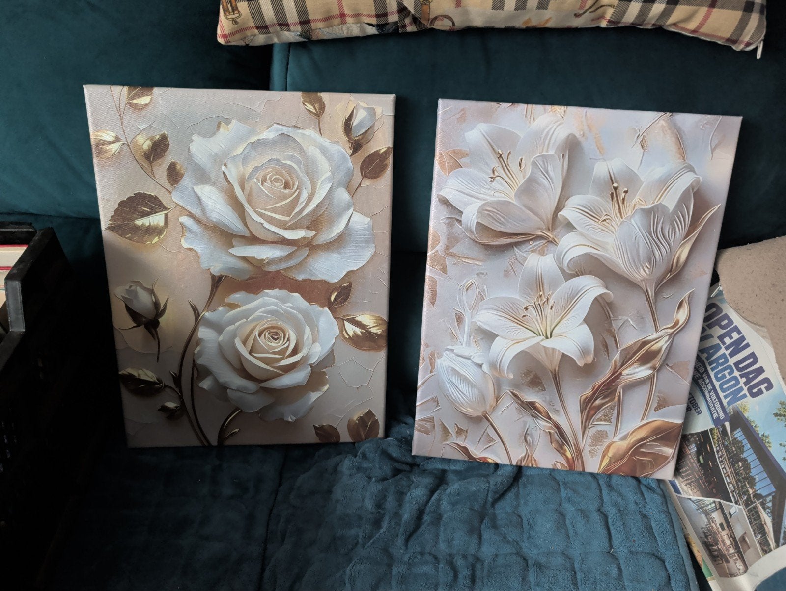 Set van 2 bloemen schilderijen - Rozen en Lelies, Ophalen, 50 – 75, Minder dan 50 cm, Zo goed als nieuw