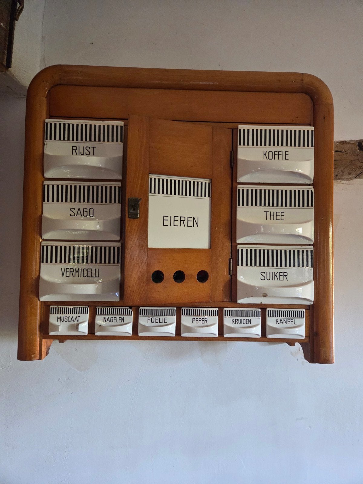 Vintage Houten Kruidenkastje met Porseleinen Lades, Ophalen