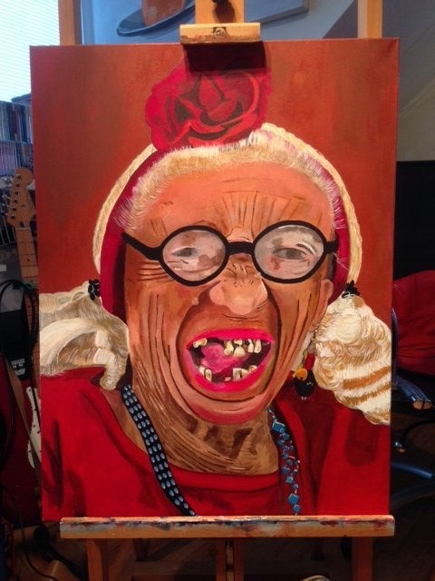 Vrolijk portret van een lachende vrouw, Ophalen, Acrylverf, Gesigneerd, Overige materialen