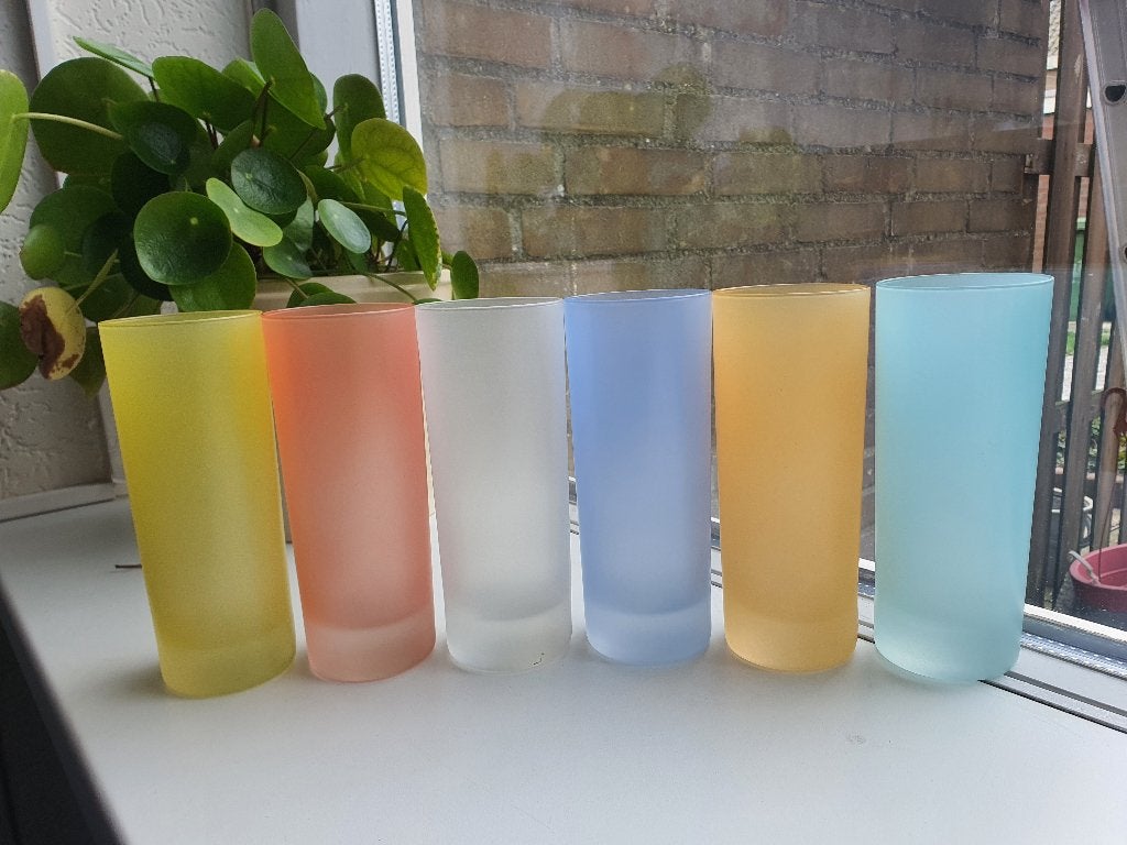 Set 6 Vintage Pastel Longdrinkglazen Frosted Jaren 70, Ophalen of Verzenden, Zo goed als nieuw