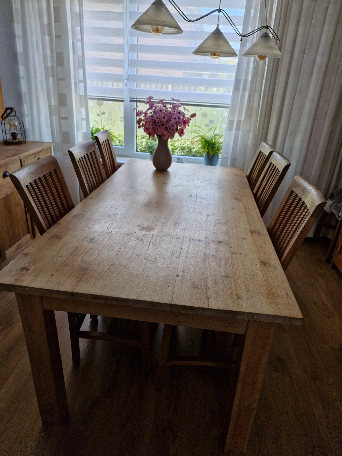 Houten eettafel met 6 stoelen - 2.00m x 1.00m, Ophalen, Gebruikt, 200 cm of meer, 50 tot 100 cm