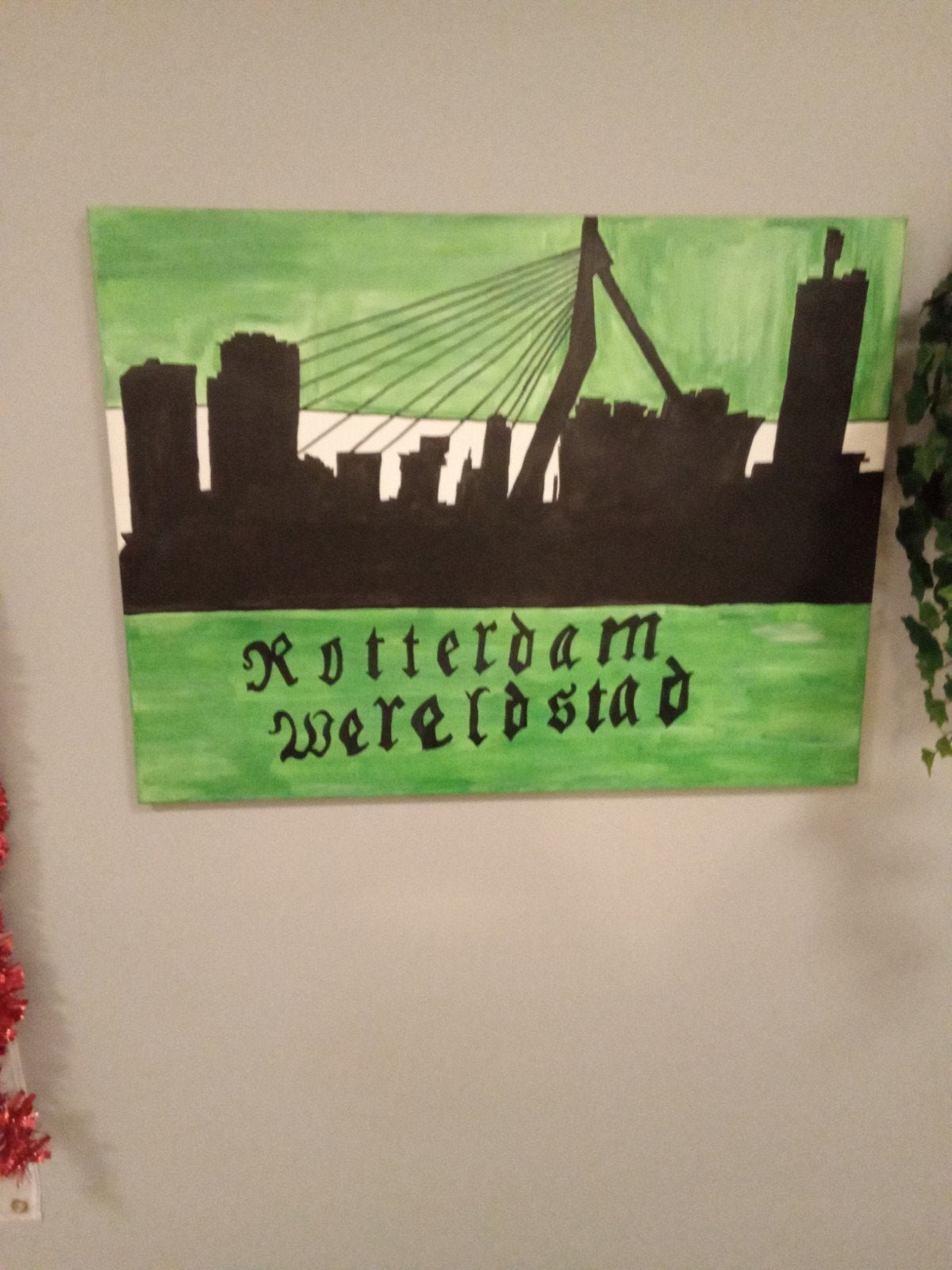 Schilderij Rotterdam Wereldstad - Skyline met Erasmusbrug, Ophalen, Acrylverf, Doek, Realistisch