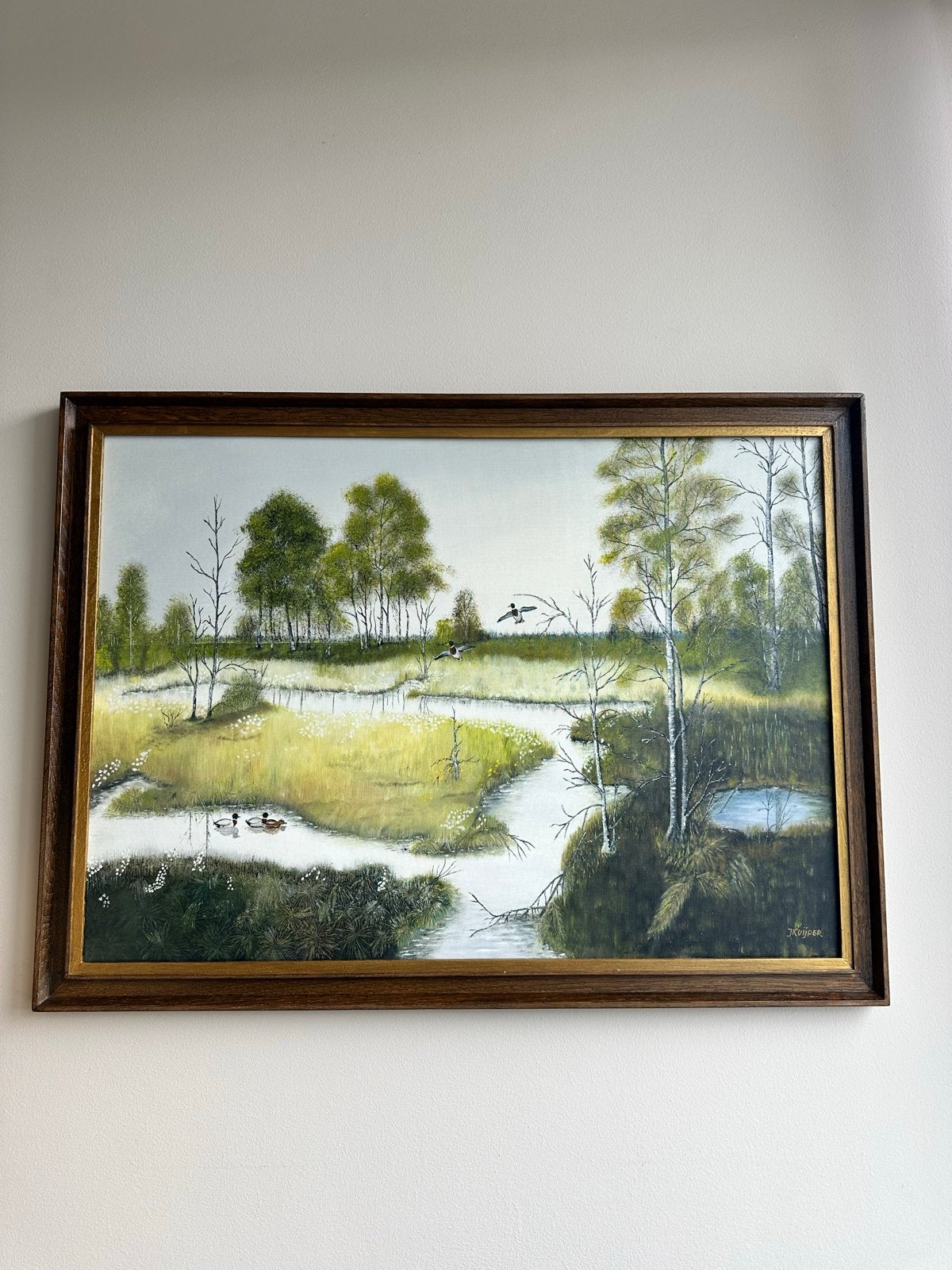 Schilderij J. Kuiper - Landschap met water en eenden, Ophalen, Doek, Realistisch, Gesigneerd