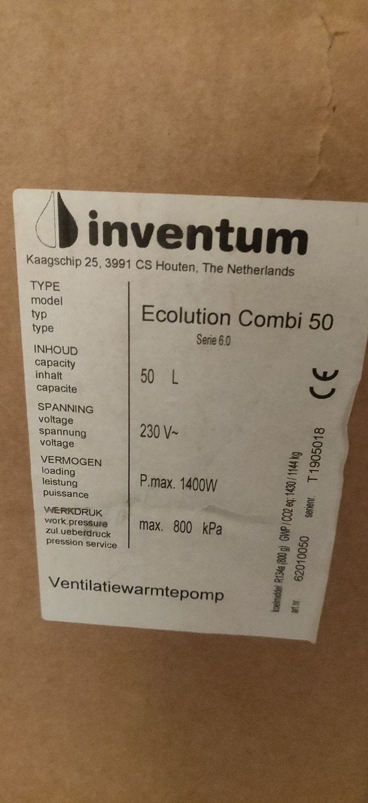 Inventum Ecolution Combi 50 Ventilatie Warmtepomp nieuw, Ophalen, Overige typen, Nieuw, 60 tot 150 cm
