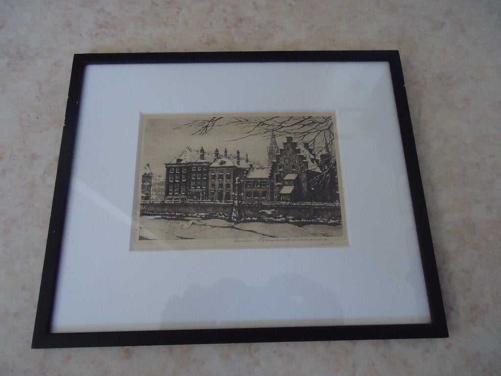 Cornelis Brandenburg - Den Haag - Gevangenenpoort, Antiek en Kunst, Kunst | Etsen en Gravures, Ingelijst, Ets, Stadsgezicht, Ophalen of Verzenden
