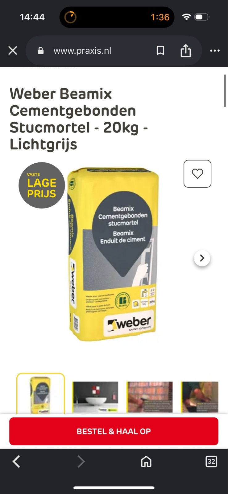 Weber Beamix Cementgebonden Stucmortel - 20kg Lichtgrijs, Ophalen, Overige typen, Nieuw, Minder dan 20 cm