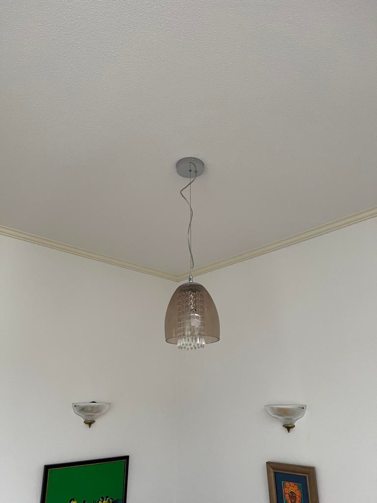 Elegante hanglamp met glazen kap en kristallen details, Ophalen, Zo goed als nieuw, Glas, 75 cm of meer