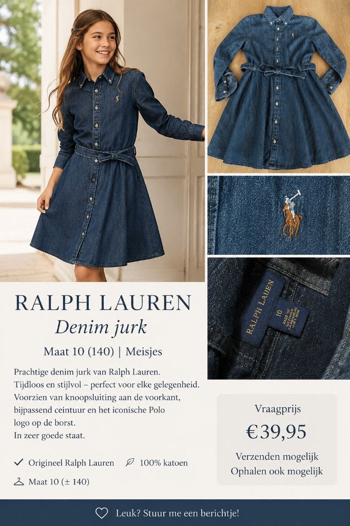 Ralph Lauren Denim Jurk Maat 10 (140) Meisjes, Kinderen en Baby's, Meisje, Ophalen of Verzenden, Zo goed als nieuw, Jurk of Rok