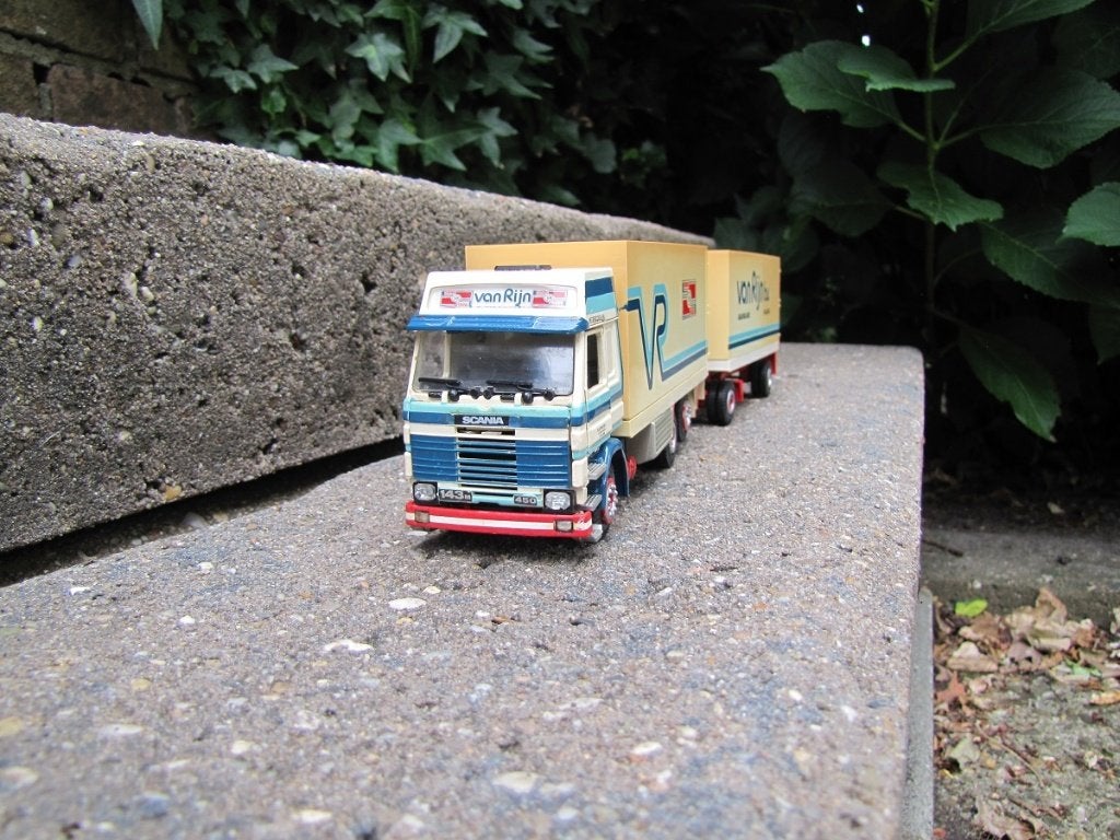 Tekno Scania 143M met verhoogd dak Van Rijn s'Gravenzande, Hobby en Vrije tijd, Modelauto's | 1:50, Ophalen of Verzenden, Gebruikt