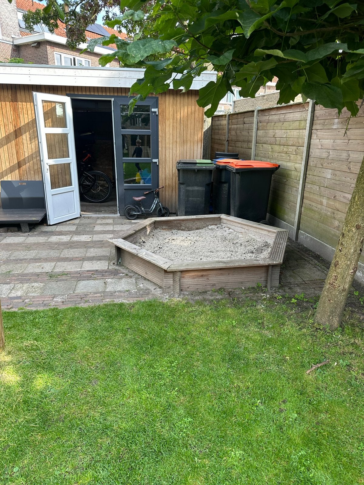 Houten zandbak Zeshoekig 230 cm, Ophalen, Gebruikt