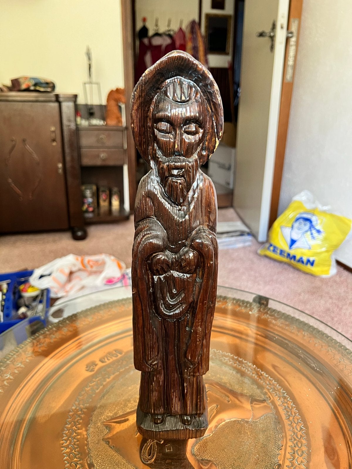 Set van 5 handgesneden houten beelden - Religieus/Aziatisch, Ophalen of Verzenden, Handgemaakt, 20 - 50 cm, Beeld