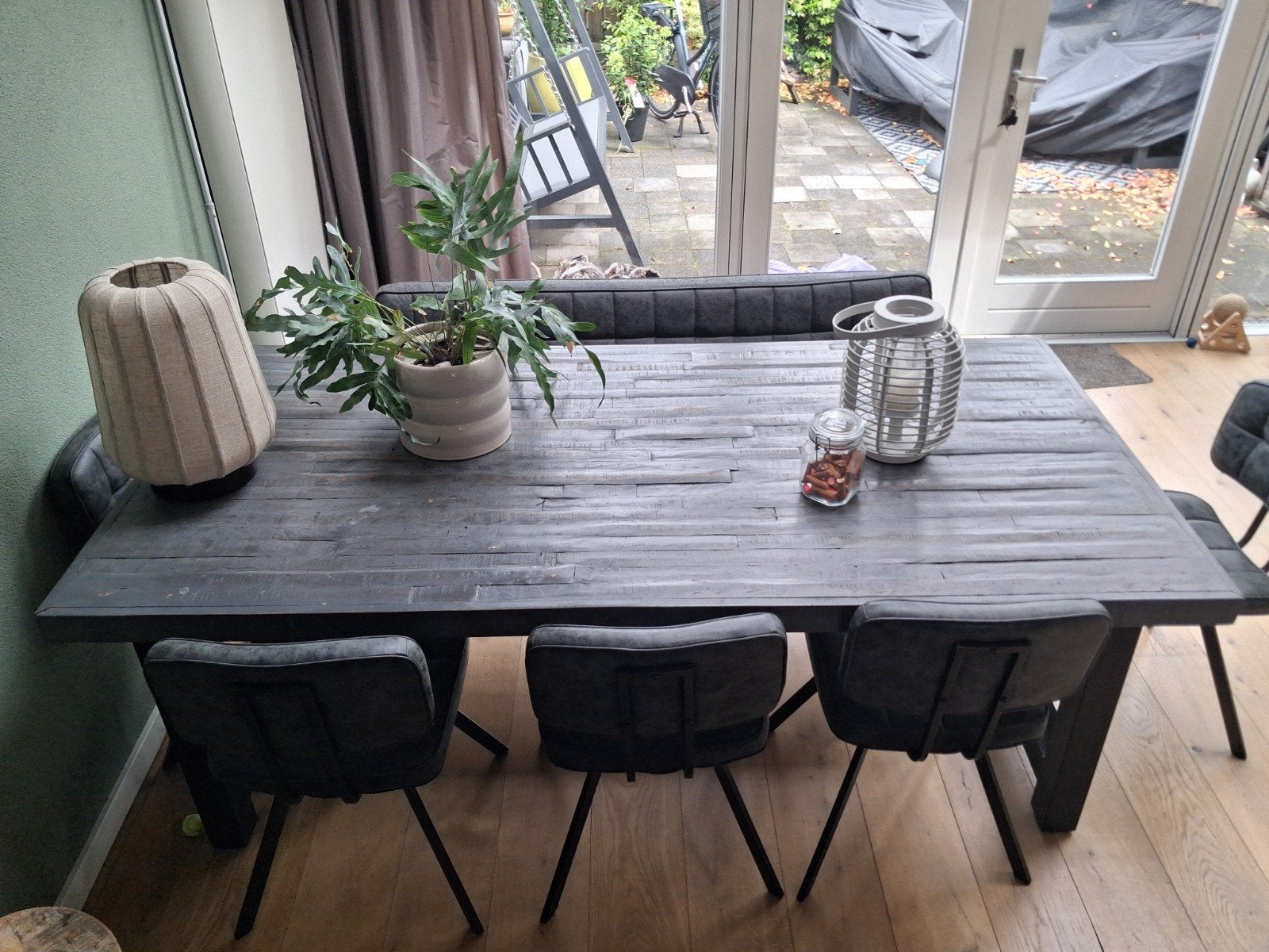 Eettafel 200x100 met 5 eetkamerstoelen en bankje, Ophalen, Gebruikt, Stof, Grijs
