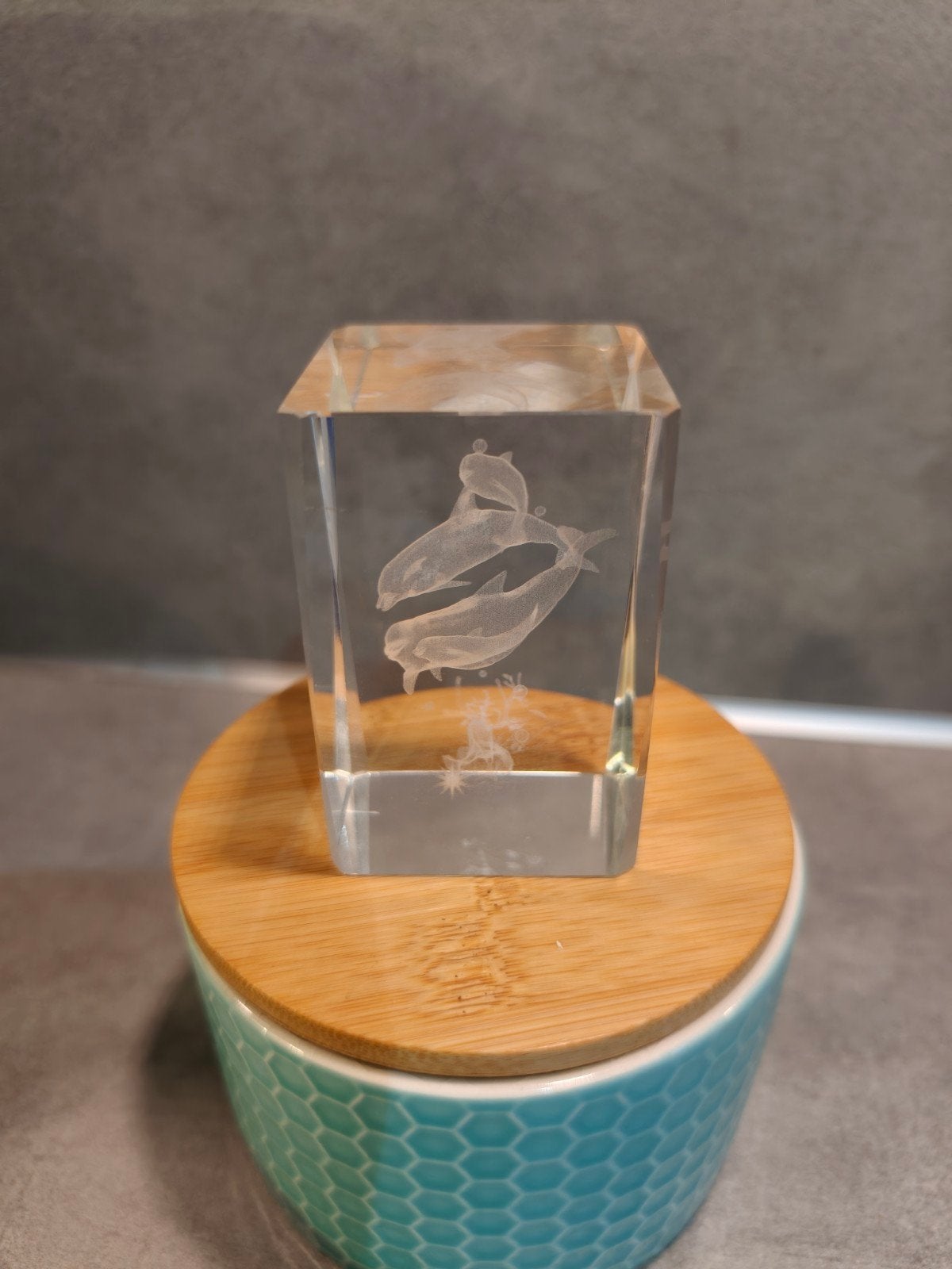 3D Glazen Blok met Dolfijnen - 7,5 cm x 5 cm, Ophalen, Gebruikt, Meerkleurig, Glas