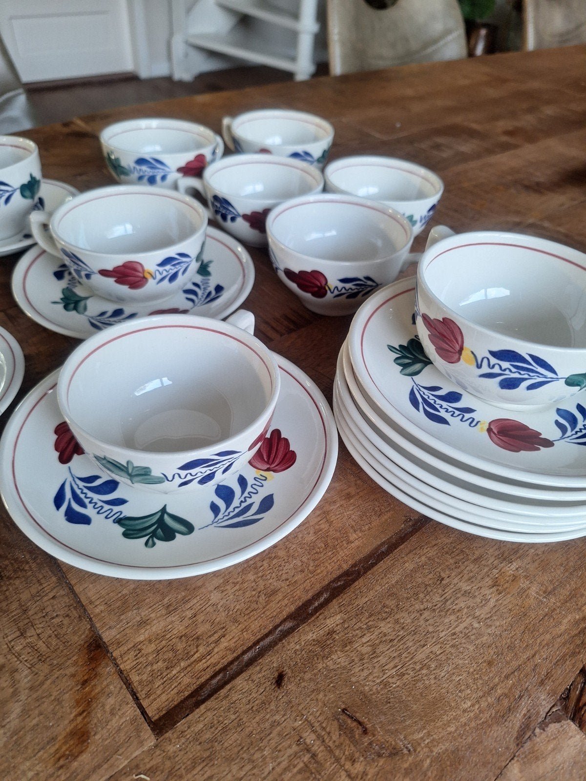 Set van 10 boerenbont boch koffie/theekopjes met schotels, Ophalen of Verzenden