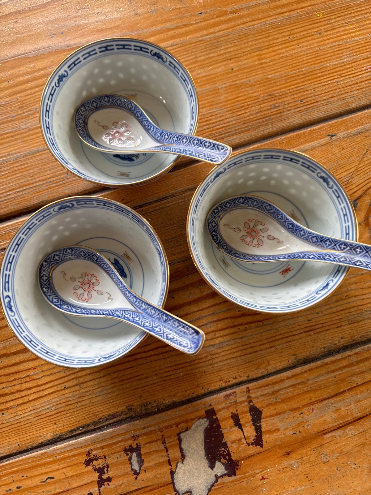 Set van 3 Chinese rijstkommen met lepels, Ophalen of Verzenden