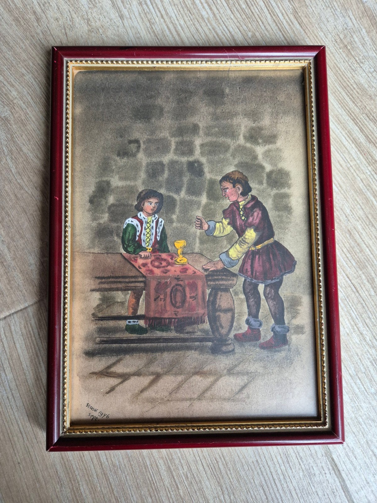 Oud schilderij: Twee figuren met kelk, gesigneerd, Antiek en Kunst, Ophalen of Verzenden