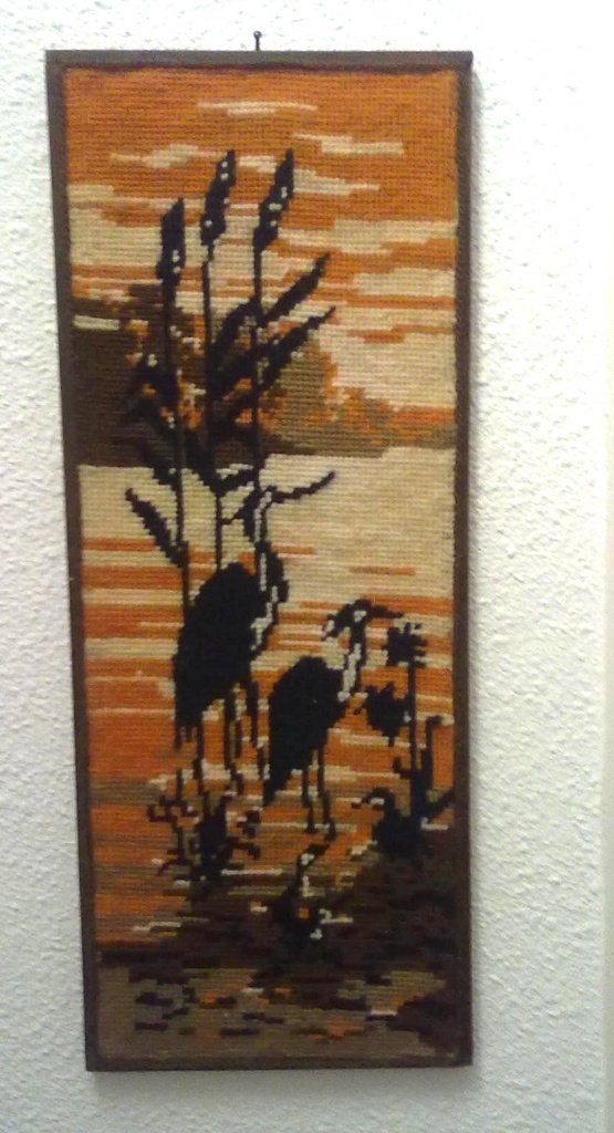 retro vintage 70s wandkleed wandhanger reigers en riet, Gebruikt, Ophalen of Verzenden, 19 cm, Met ophangsysteem