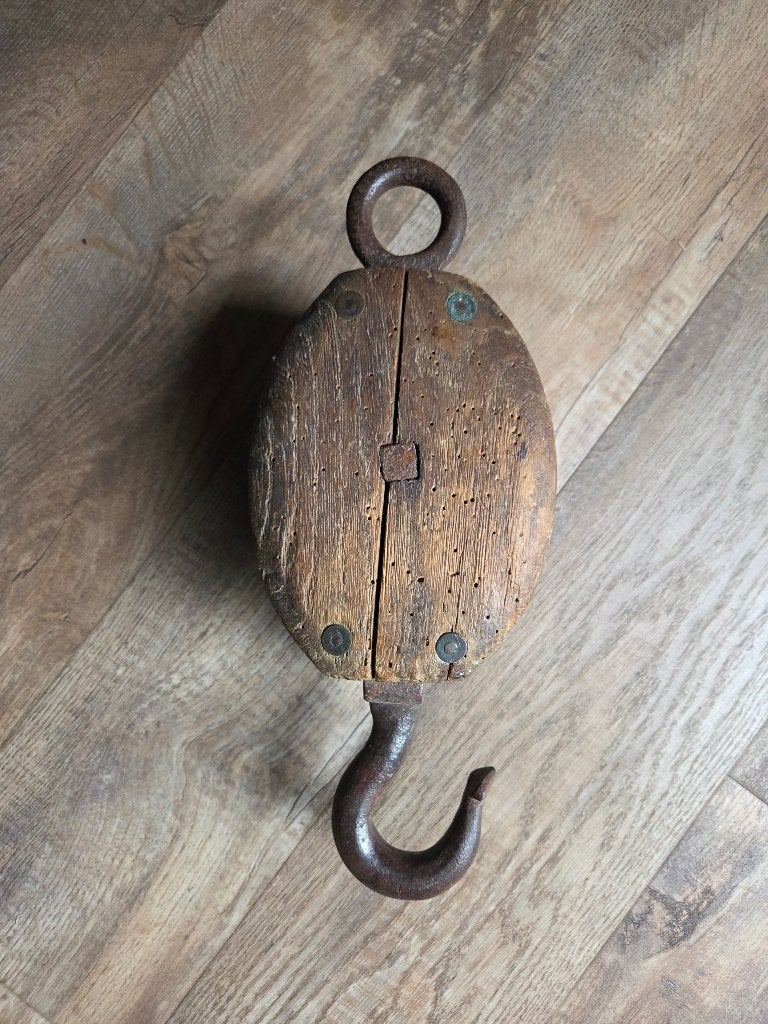 Antieke houten katrol met haak - Decoratief, Ophalen