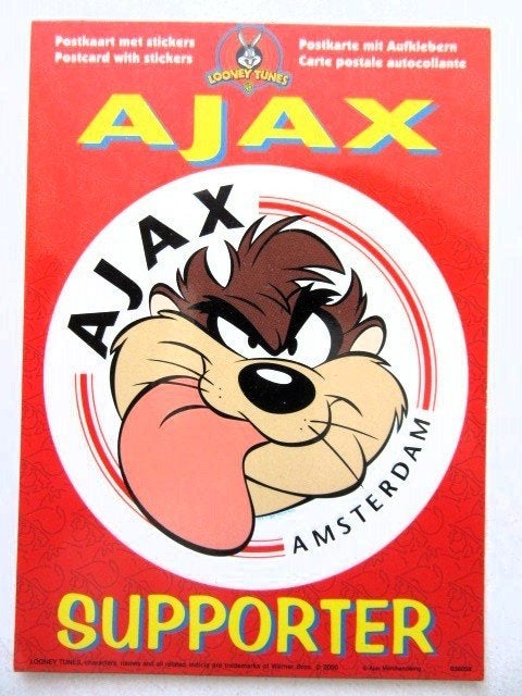 Vintage Ajax Supporter postkaart met Taz sticker (uit 2000), Ophalen of Verzenden, Zo goed als nieuw, Ajax, Poster, Plaatje of Sticker