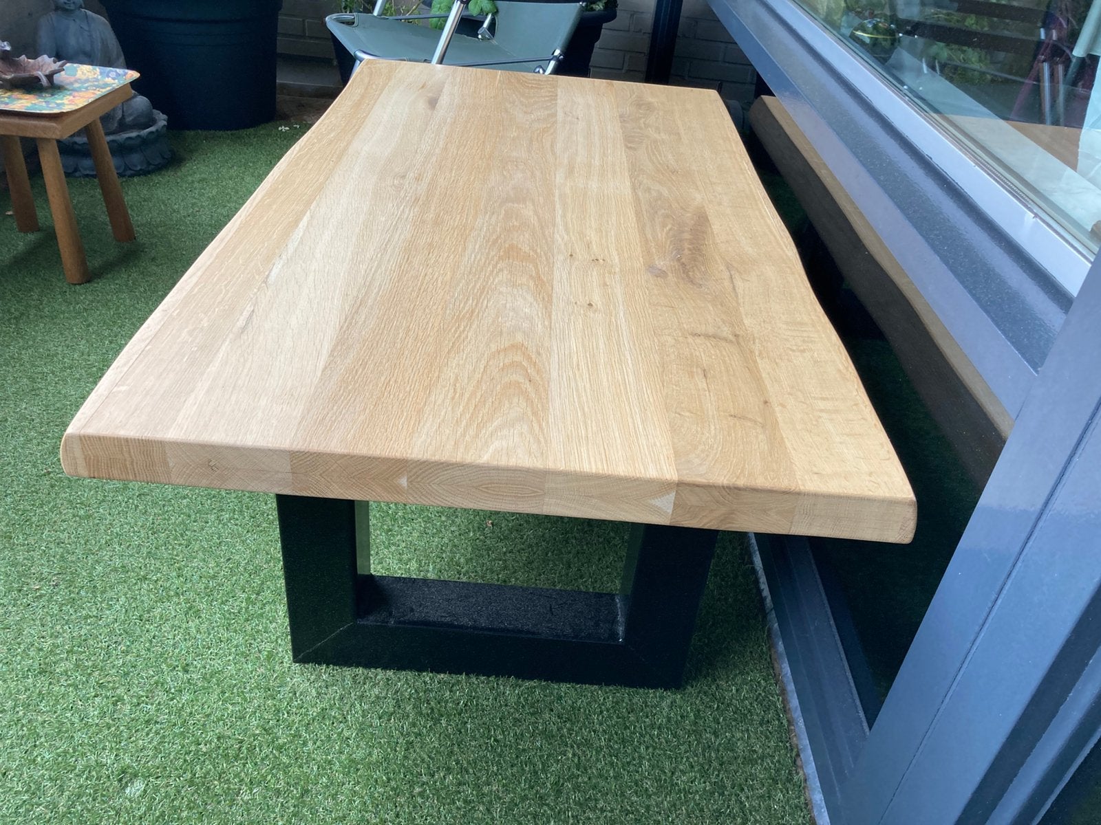 Houten boomstamblad stalen onder frame, Huis en Inrichting, Ophalen, 100 tot 150 cm, Eikenhout, 50 tot 100 cm