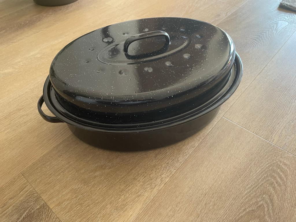 Grote Zwarte Emaille Braadslede met Deksel, Huis en Inrichting, Keuken | Potten en Pannen, Ophalen of Verzenden, Gebruikt, Overige materialen