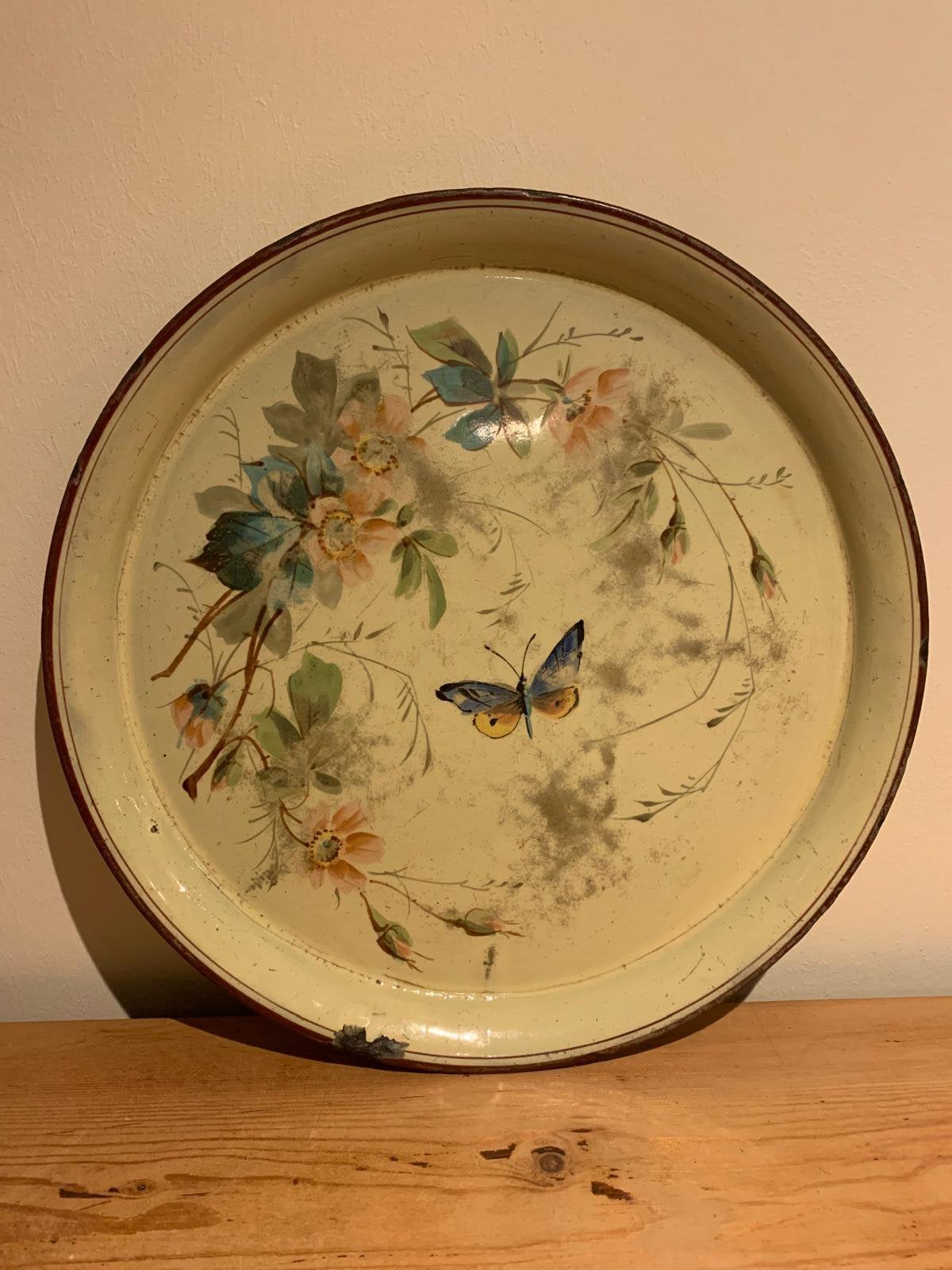 Prachtig Emaille Dienblad – Botanisch Decor Vlinder Bloemen, Ophalen of Verzenden