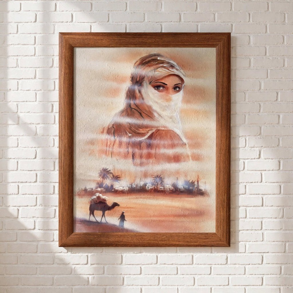 Vintage Schilderij Woestijn / Bedoeïen met Kameel Jaren 80, 50 – 75, Minder dan 50 cm, Gebruikt, Oorspronkelijke maker