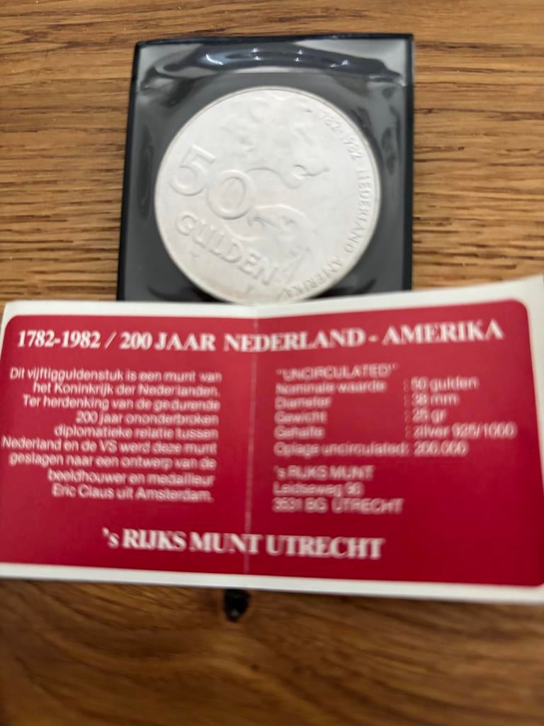 Zilveren 50 Gulden Munt 1982 - 200 Jaar Nederland-Amerika, Koningin Beatrix, Zilver, Ophalen of Verzenden, Losse munt