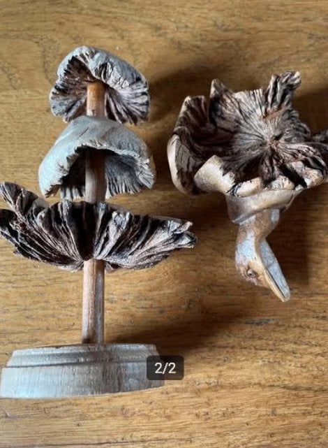 Houten paddenstoel en vogel sculpturen, Minder dan 20 cm, Ophalen of Verzenden, Beeld, Hout