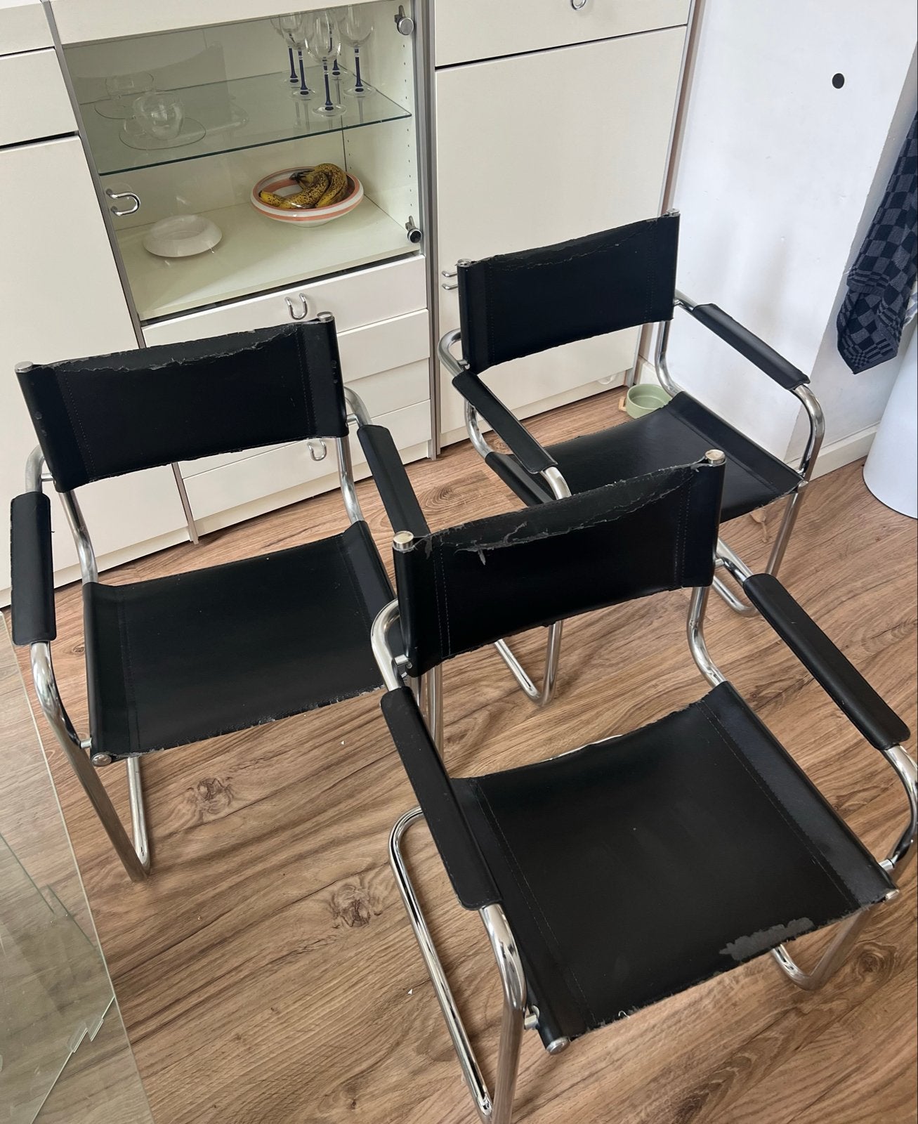 Set van 3 vintage buisframe stoelen, zwart leer, Ophalen