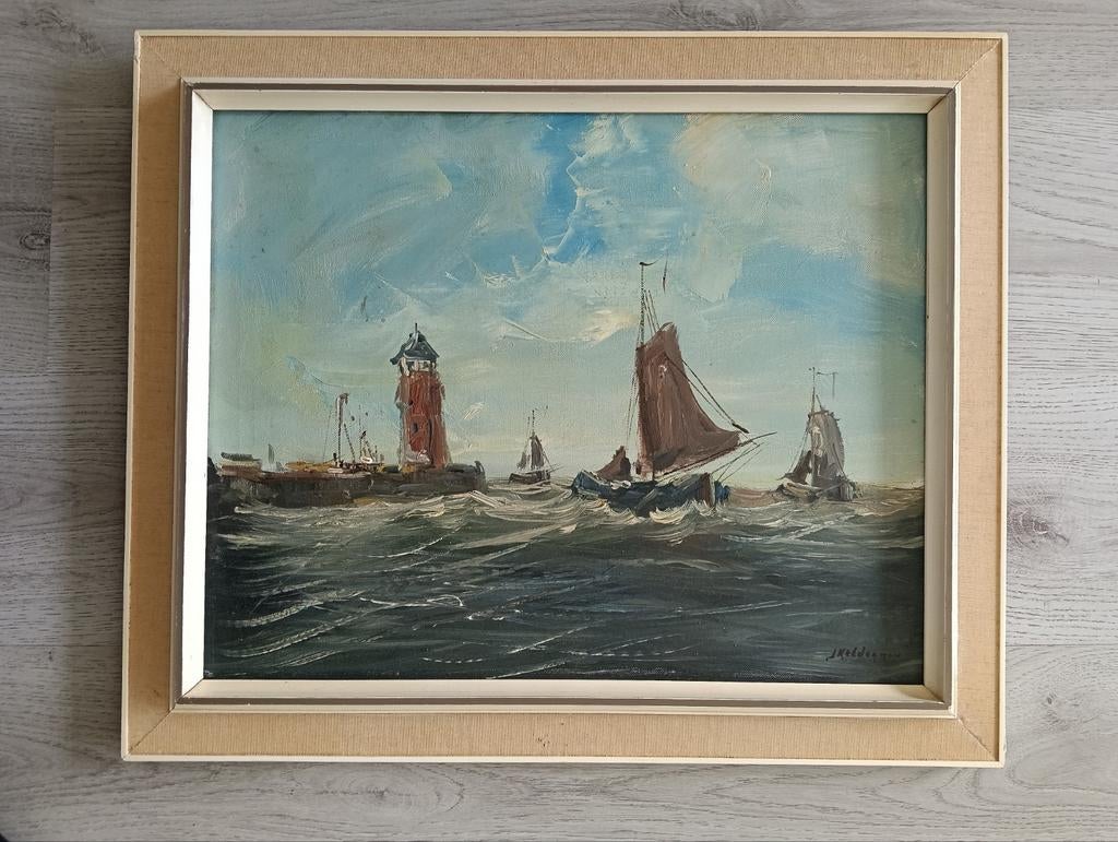 Jan Kelderman (1914-1990) - Zeegezicht met boten, Antiek en Kunst, Ophalen of Verzenden