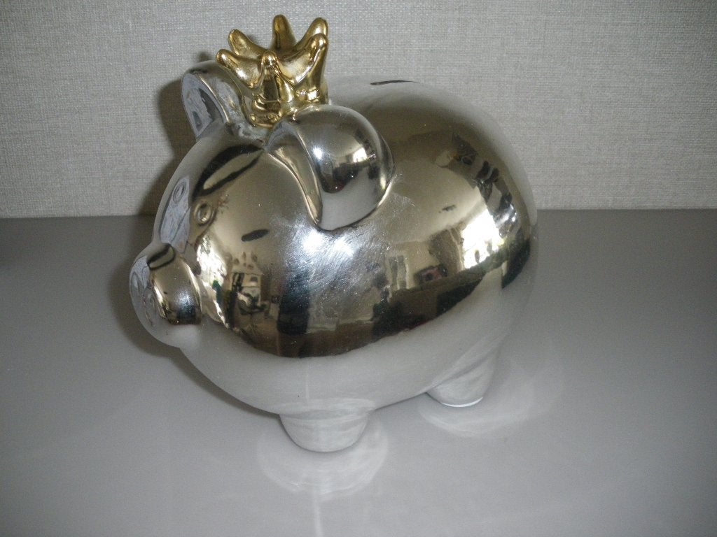 nieuw leuke zilver kleurige varkens spaarpot gouden kroontje, Ophalen of Verzenden, Nieuw