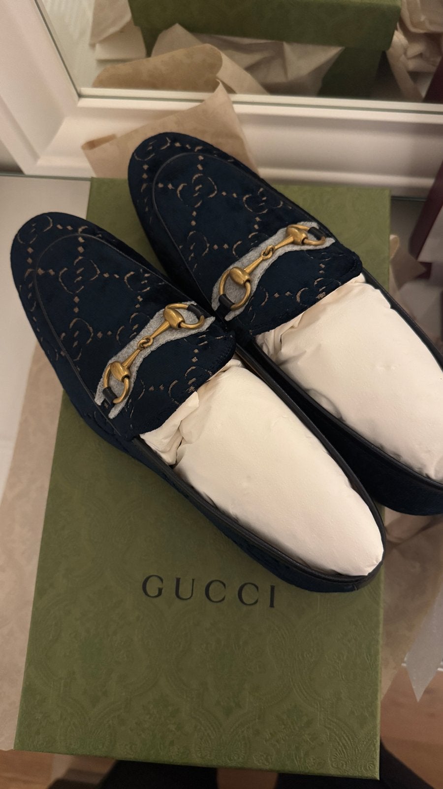 Nieuwe Gucci Instappers - Donkerblauw met GG-patroon, Kleding | Heren, Schoenen, Loafers, Nieuw, Verzenden, Blauw