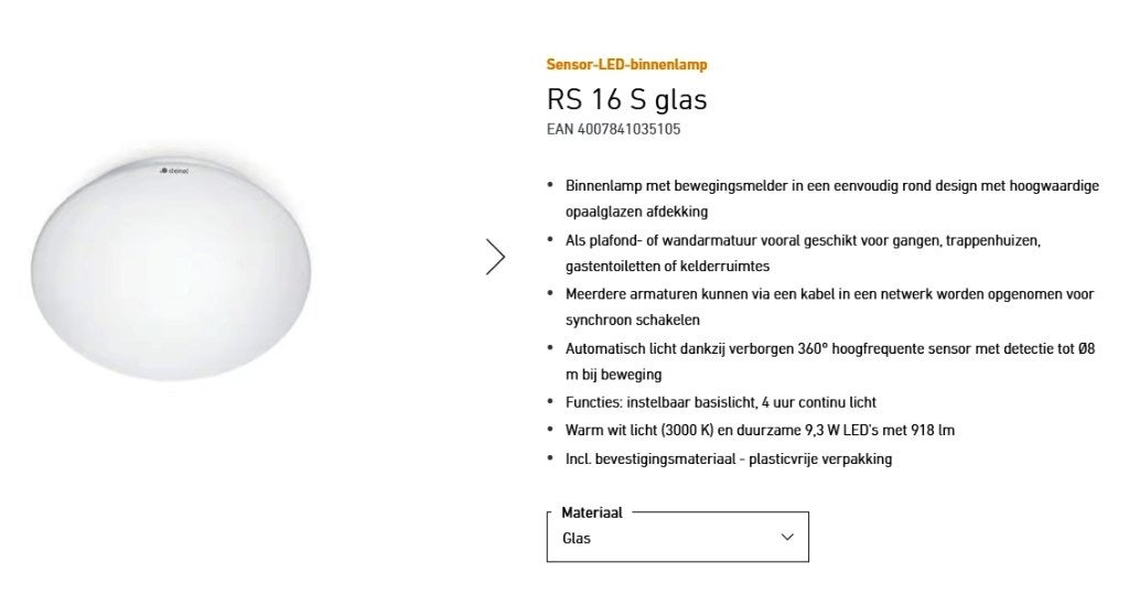 Plafondlamp steinel RS 16 Led met sensor, Ophalen, Zo goed als nieuw, Glas