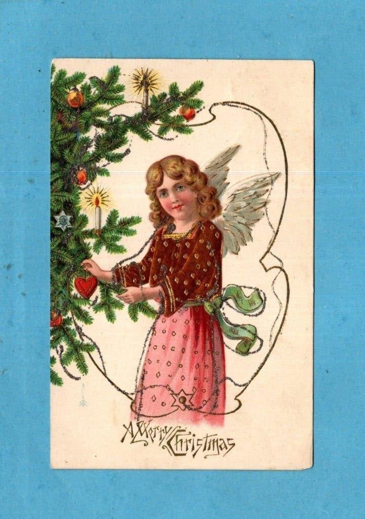 Pracht oude kerstkaart/reliéf W437 - Engeltje bij kerstboom, Ophalen of Verzenden, Voor 1920, Ongelopen, Feest(dag)
