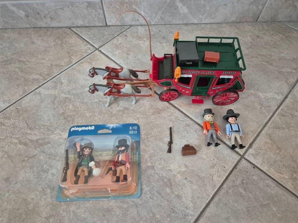 Playmobil wilde westen postkoets 4399 + bandieten 5512, Complete set, Voertuig, Ophalen of Verzenden, Zo goed als nieuw