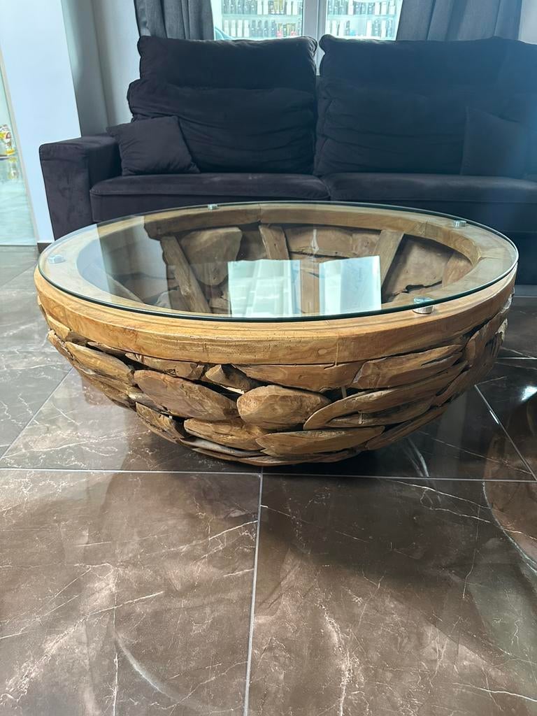 Teakhouten salontafel rond 100cm met glasen blad, Huis en Inrichting, Tafels | Salontafels, Ophalen, 50 tot 100 cm, Zo goed als nieuw