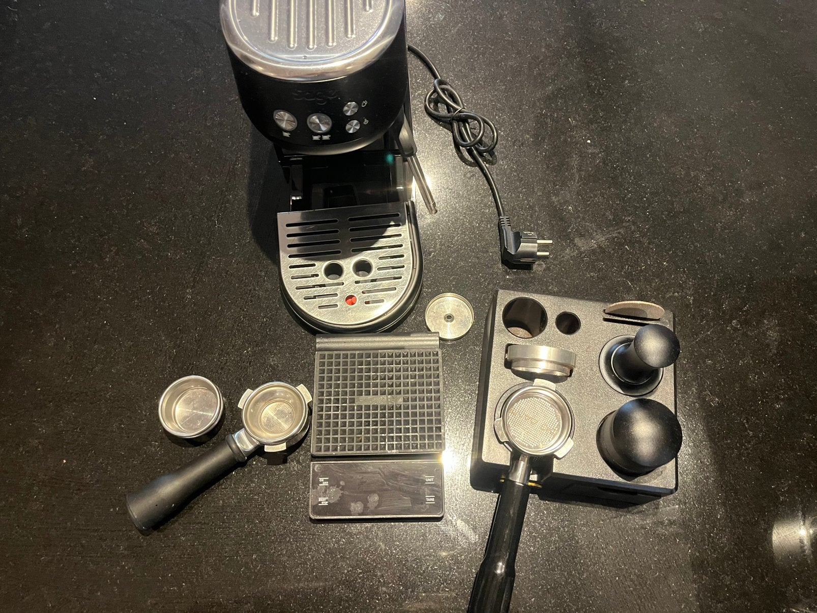 Sage bambino met Accessoires (perfekte barista starter kit), Gebruikt, Espresso apparaat, Gemalen koffie, 2 tot 4 kopjes