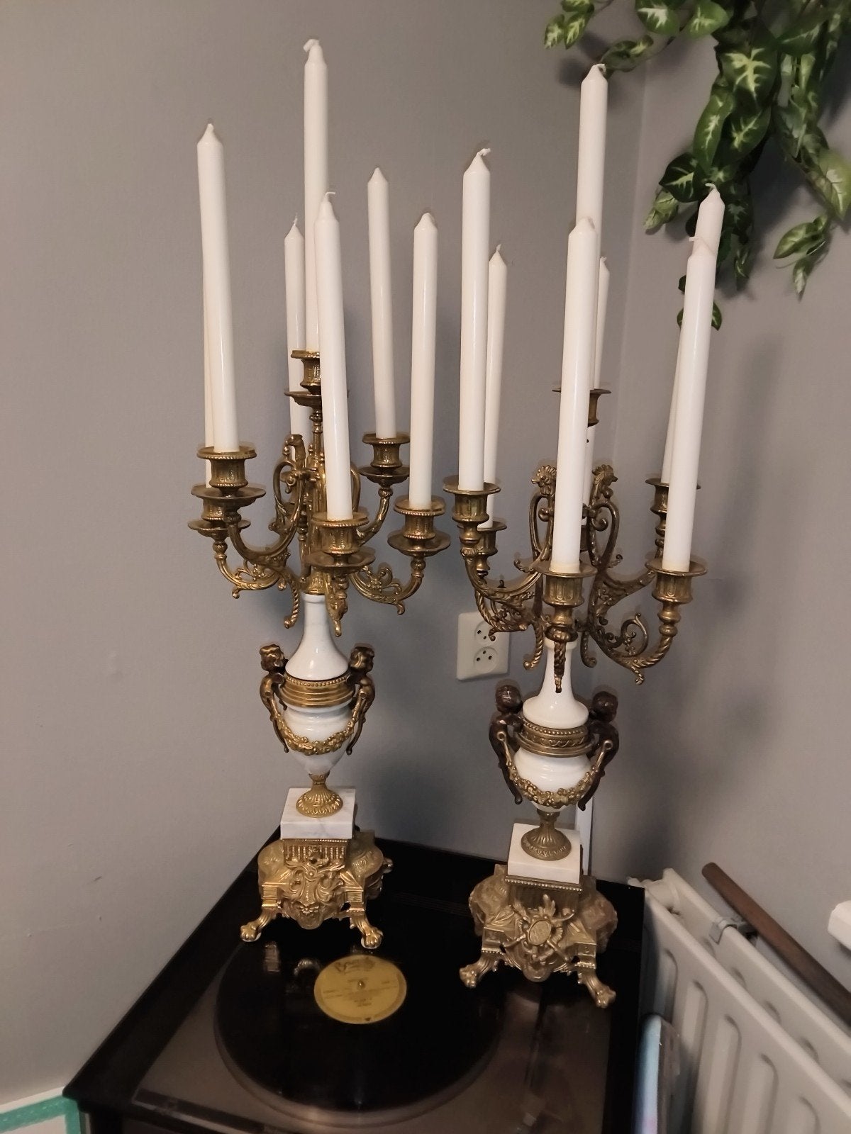 Set van 2 Antieke Kandelaars - Brons en Marmer - 60 cm, Antiek en Kunst, Ophalen, Koper of Brons