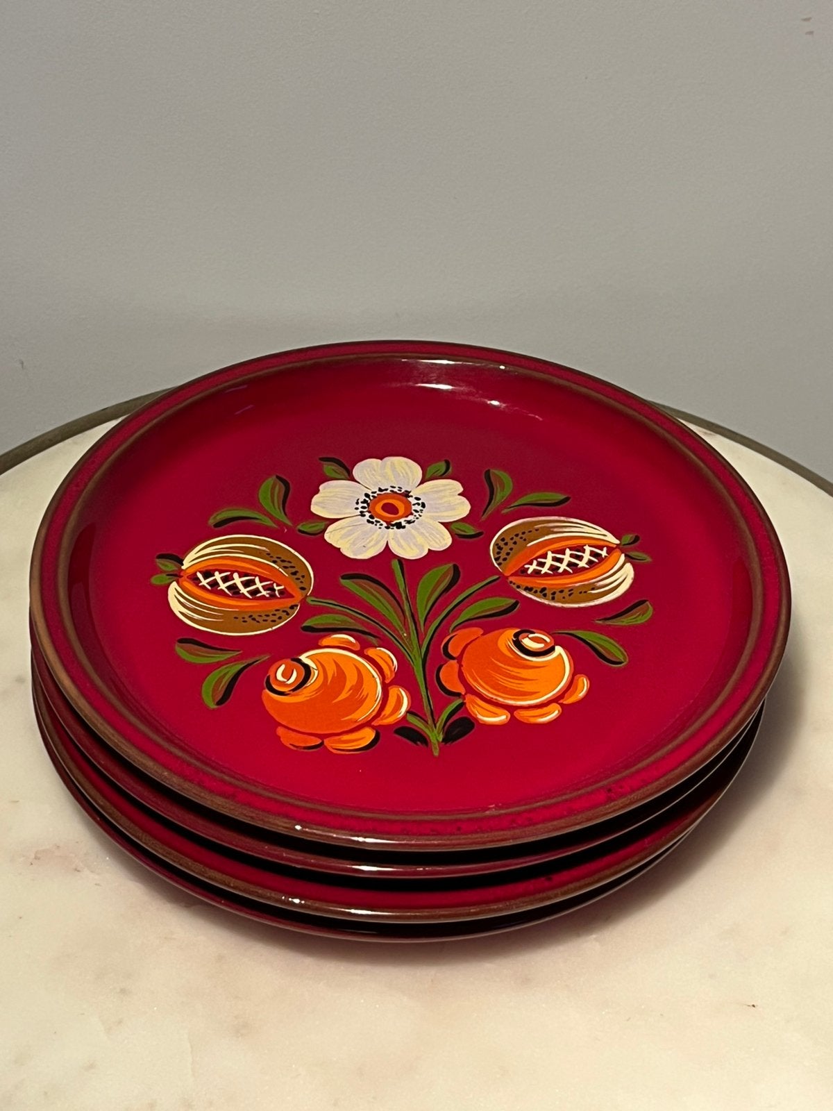 4 vintage retro borden met bloemmotief Jaren 70 / Folk Art