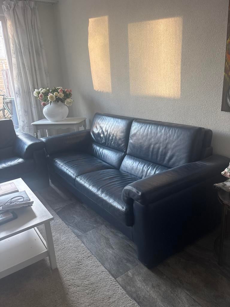 Blauw leren bankenstel: twee- en driezitter, Huis en Inrichting, Gebruikt, Driepersoons, Leer, Ophalen of Verzenden