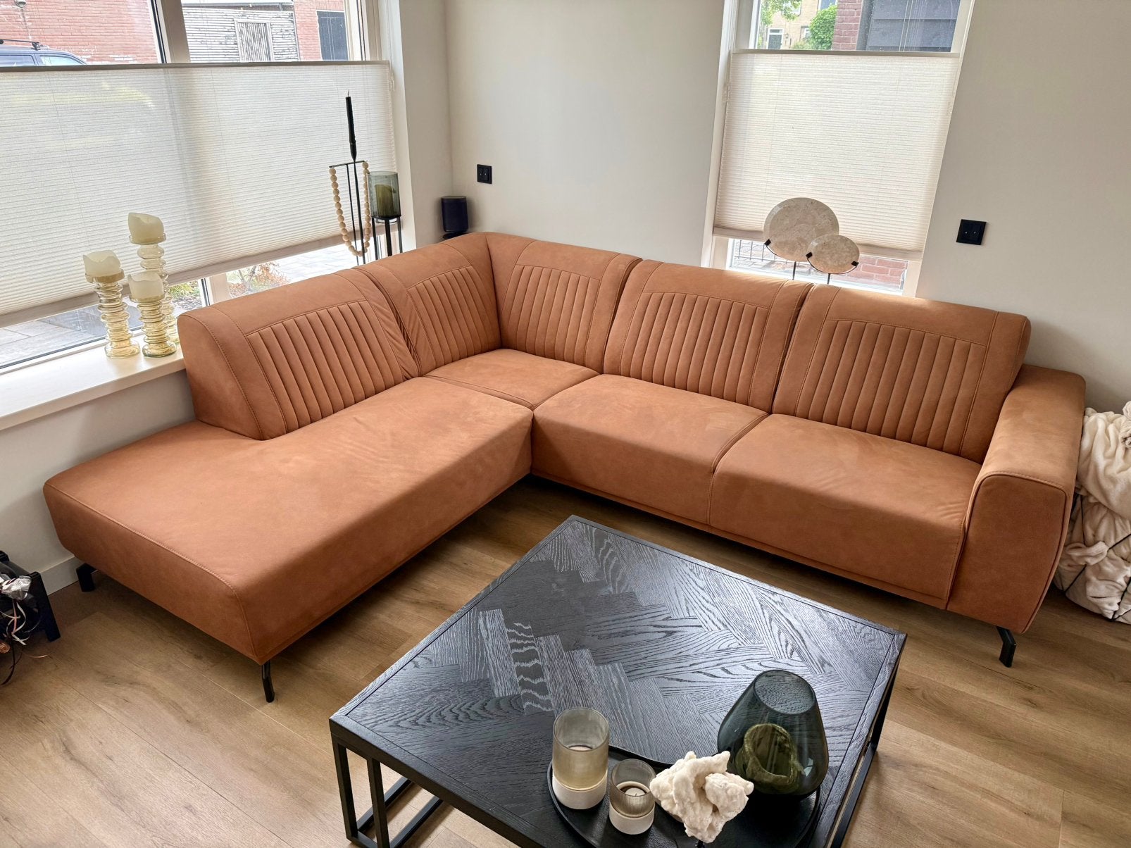 Pronto Wonen hoekbank – microleer – cognac – 220 x 260 cm, Ophalen, Zo goed als nieuw, Overige materialen