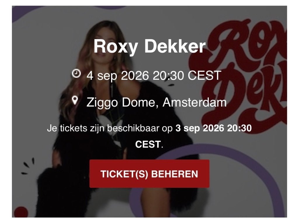 Roxy dekker zit plaatsen, Tickets en Kaartjes, Concerten | Nederlandstalig, Twee personen, September