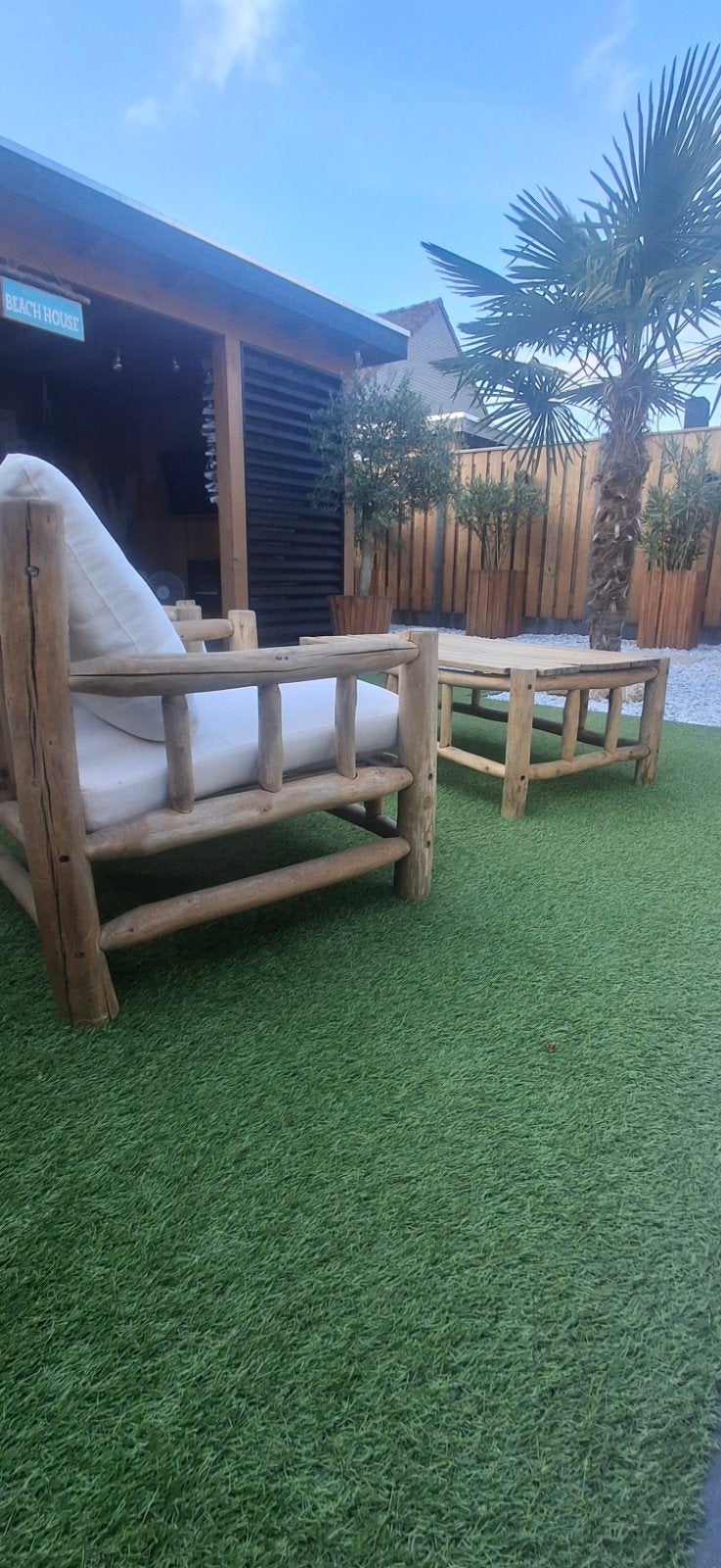 Robuuste houten Ibiza style tuinset met 2 stoelen en salonta, Bijzettafel, Zo goed als nieuw, Tuinset, Hout