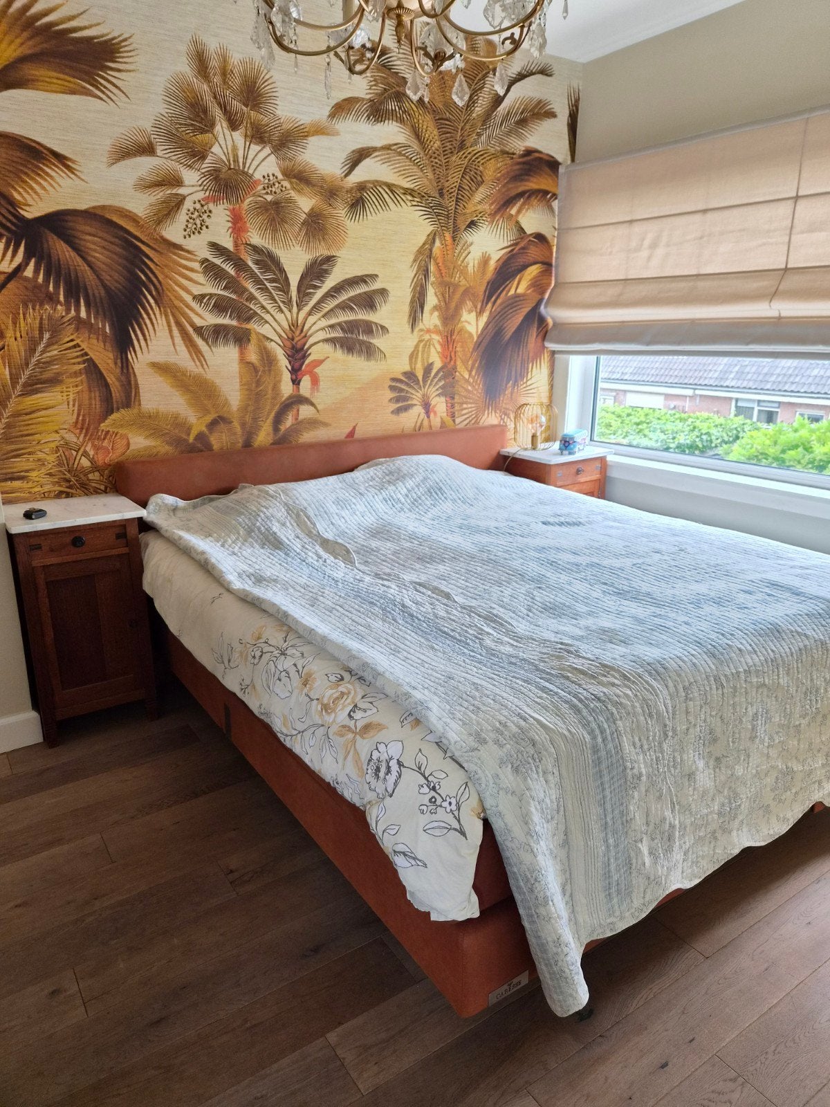Prachtige cognackleurige boxspring te koop, Ophalen, Zo goed als nieuw, Tweepersoons