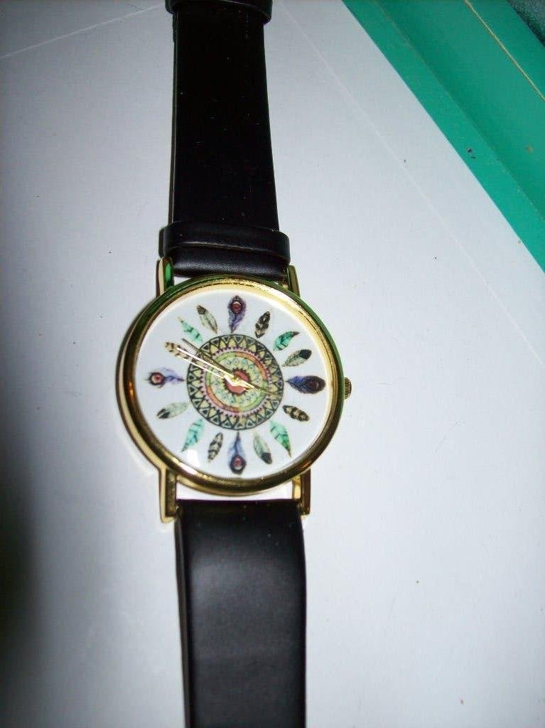 Horloge Zwart Goudtint met Fraai Veren Printje, Sieraden, Tassen en Uiterlijk, Overige Accessoires, Verzenden, Nieuw