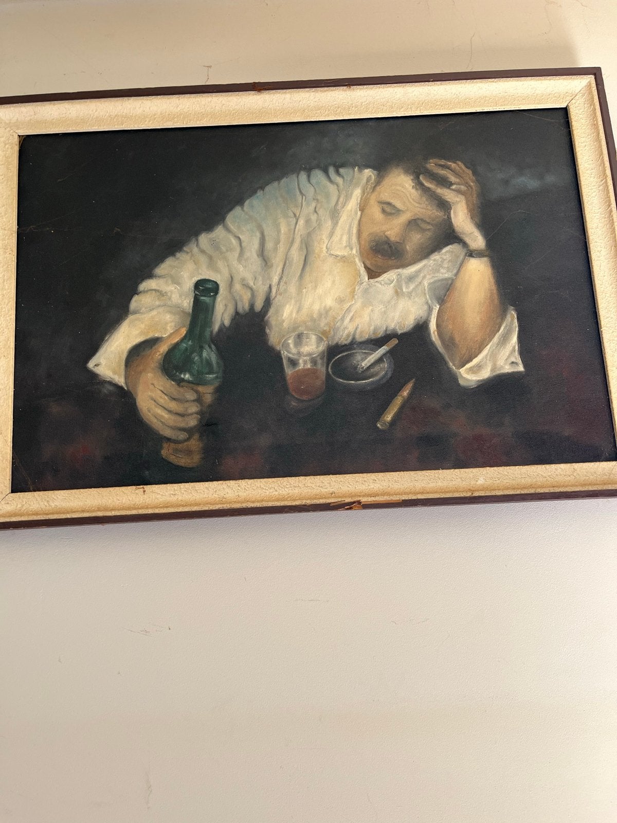 Man aan tafel met fles en glas - Olieverfschilderij, Ophalen, Doek, Portret of Personen, Realistisch